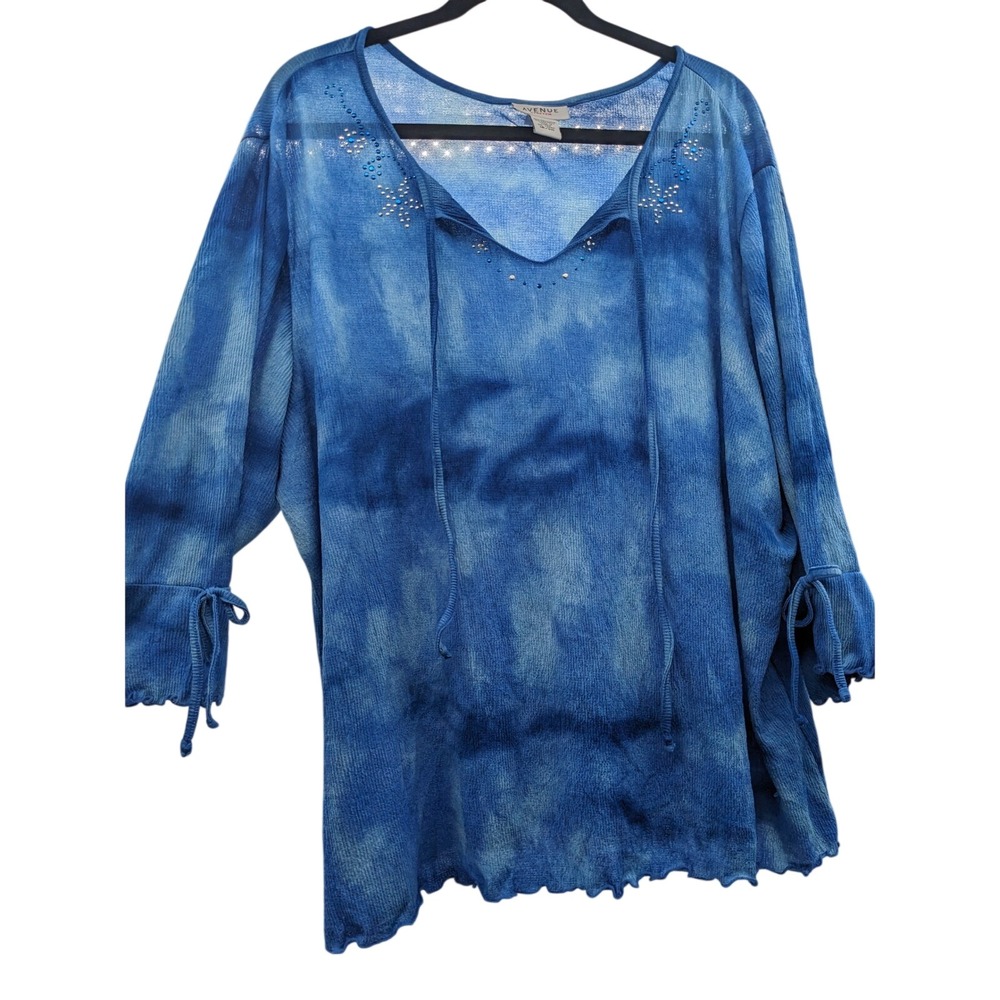 Avenue Stretch Blue Tie Dye Rhinestone V-Neck Blouse 18/20 Plus Size 3/4 Sleeve